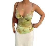 YYDSTYLE Women Floral Print Camisole Y2k V Neck Mesh Sheer Tank Top Coquette Spaghetti Strap Ruffle Layered Cami Tops (Green, XL)