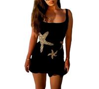 YYDSTYLE Women Starfish Beach Dress Sequin Sleeveless Bodycon Short Tank Dress Ruffle Hem Knitted Mini Dresses (Black, M)