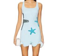 YYDSTYLE Women Starfish Beach Dress Sequin Sleeveless Bodycon Short Tank Dress Ruffle Hem Knitted Mini Dresses (Blue, M)