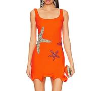 YYDSTYLE Women Starfish Beach Dress Sequin Sleeveless Bodycon Short Tank Dress Ruffle Hem Knitted Mini Dresses (Orange RED, L)
