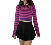 YYDSTYLE Women Stripe Long Sleeve Crop Tops Cute Pink Purple Striped Cheshire Cat Top for Halloween Cosplay Party (Purple, L)