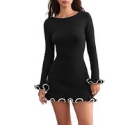 YYDSTYLE Women Y2k Long Sleeve Knit Dress Vintage Slim Fit Rolled Edge Mini Dress Fairy Grunge Bodycon Party Dress Clubwear (Black, S)