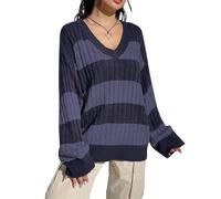 YYDSTYLE Women Y2K Vintage Striped Sweater V Neck Long Sleeve Cable Knit Oversized Preppy Sweater Downtown Girl Aesthetic Clothes (Dark Purple, M)