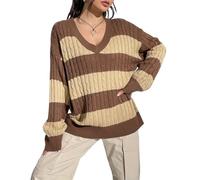 YYDSTYLE Women Y2K Vintage Striped Sweater V Neck Long Sleeve Cable Knit Oversized Preppy Sweater Downtown Girl Aesthetic Clothes (Chocolate Color, M)