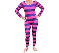 YYDSTYLE Women's Cheshire Cat Halloween Costume Pink Purple Striped Long Sleeve Jumpsuit Cosplay Outfit Sexy Cheshire Cat Bodysuit Costume (Pink Purple, M)
