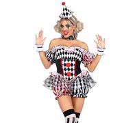 YYDSTYLE Womens Clown Costume, Off Shoulder Shorts Jumpsuit + Sleeves + Collar + Hat + Stockings 5 Pcs Womens Darling Harlequin Sexy Clown Costume (black, L)