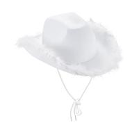 YYDSTYLE Women's Cowboy Hat White/Pink Fluffy Feather Trim Felt Cowboy Hat Cowgirl Hat for Cosplay Fancy Dress Dress-up Party (White, ONE Size)