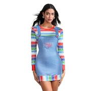 YYDSTYLE Women's Deluxe Chucky Dress Costume Halloween Creepy Killer Doll Costume for Women Stripe Long Sleeve Crew Neck Tops with Suspender Dress Set (Multi-Color, L)