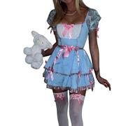 YYDSTYLE Women's Halloween Creepy Doll Grady Twin Costumes Cosplay Dress Blue Lolita Satin Bows Dress with Collar (Blue, S)
