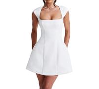 YYDSTYLE Women's Square Neck Cap Sleeve Mini Dress Sleeveless Back Zipper A Line Party Club Dresses (White, L)