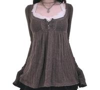 YYDSTYLE Y2K Fairy Grunge Knit Long Sleeve Tunic Tops Low Cut Peplum Babydoll Blouse Button Down Harajuku 90s Sweater (Dark Brown, S)