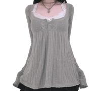YYDSTYLE Y2K Fairy Grunge Knit Long Sleeve Tunic Tops Low Cut Peplum Babydoll Blouse Button Down Harajuku 90s Sweater (Gray, S)