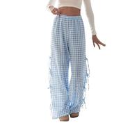 YYDSTYLE Y2K Gingham Pants for Women Bow Tie Side Slit Wide Leg Lounge Bottom Plaid Checkered Loose Fit Going Out Pants (Blue, XL)