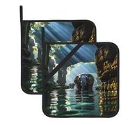 YYHHAOFA Asian Elephant in The Water Prints Square Insulated Pot Holder Set of 2 8x8 in for Kitchen lids, Microwave ovens, Outdoor barbecues