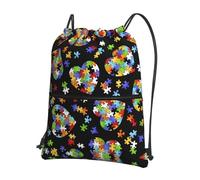 YYHHAOFA Autism Awareness Puzzle Pieces Heart Prints Drawstring Zipper Backpack - Lightweight Water-Resistant Gym Duffel Bag with Pocket for Travel Sports Yoga