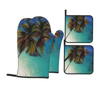YYHHAOFA Beach Coconut Sunshine Prints Oven Mitts and Pot Holders Sets for Kitchen Baking - Insulated, Thick, Durable, and Anti-Scalding