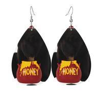 YYHHAOFA Bear Eats Honey Prints Teardrop Leather Earrings - Vivid Dangle Drops for Women, Lightweight Fashion Jewelry, Silver-Plated Hooks for Sensitive Ears & Holiday Events