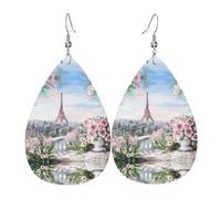 YYHHAOFA Beautiful Tower Paris Prints Teardrop Leather Earrings - Lightweight Dangles with Silver-Plated Hooks, Vivid Color & Rust-Resistant Design for Parties & Gifts