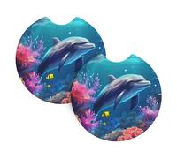 YYHHAOFA Beautiful Underwater World Dolphins Coral Prints Car Coasters 2 Pack - Durable, Waterproof, and Stylish Cup Holder Protection