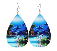 YYHHAOFA Beautiful Underwater World Dolphins Coral Prints Teardrop Leather Earrings - Vivid Dangle Drops for Women, Lightweight Fashion Jewelry, Silver-Plated Hooks for Sensitive Ears & Holiday Events