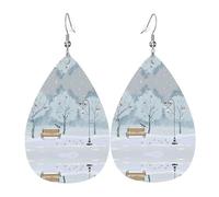 YYHHAOFA Birds in the park on a snowy day Prints Teardrop Leather Earrings - Lightweight Dangles with Silver-Plated Hooks, Vivid Color & Rust-Resistant Design for Parties & Gifts