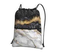 YYHHAOFA Black White Gold Foil Marble Prints Drawstring Zipper Backpack - Lightweight Water-Resistant Gym Duffel Bag with Pocket for Travel Sports Yoga