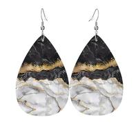 YYHHAOFA Black White Gold Foil Marble Prints Teardrop Leather Earrings - Lightweight Dangle Earrings for Women, Vivid Color Faux Leather Drops with Silver Plated Hooks