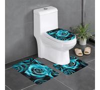 YYHHAOFA Black White Teal Gray Rose Flowers Pattern Three Piece Set of Bathroom Floor mats, Bathroom Shower mats, Anti Slip Quick Drying