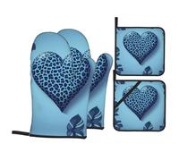 YYHHAOFA Blue Leopard Heart Prints Kitchen Covers: Waterproof Oven Layers for Easy Cooking & Cleanup - 4 Piece Heat Shield Set