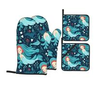 YYHHAOFA Blue Mermaid Picture Oven Mitts and Pot Holders Sets - Heat-Resistant, Waterproof, and Durable Kitchen Baking Four-Piece Set