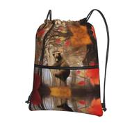 YYHHAOFA Brown bear in autumn Prints Drawstring Zipper Backpack - Lightweight Water-Resistant Gym Duffel Bag with Pocket for Travel Sports Yoga