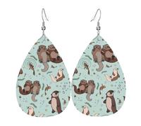 YYHHAOFA Cartoon Cute Otter Prints Teardrop Leather Earrings - Vivid Dangle Drops for Women, Lightweight Fashion Jewelry, Silver-Plated Hooks for Sensitive Ears & Holiday Events
