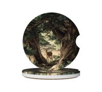 YYHHAOFA Ceramic Car Coasters 2 Pcs | for Car Interior Accessories, Cork Bottom Non-Slip, Gift for Women Fawn Beneath The Cedar Picture