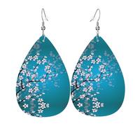 YYHHAOFA Cherry Blossom Prints Teardrop Leather Earrings - Lightweight Dangles with Silver-Plated Hooks, Vivid Color & Rust-Resistant Design for Parties & Gifts