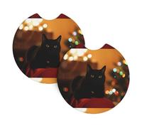 Yyhhaofa Christmas Black Cat Pattern Car Interior Cup Holder Pad 2 Pc Waterproof & Quick Drying, Protects Against Spills & Scratches
