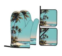 YYHHAOFA Coconut Trees by The sea Picture Oven Mitts and Pot Holders Sets - Heat-Resistant, Waterproof, and Durable Kitchen Baking Four-Piece Set