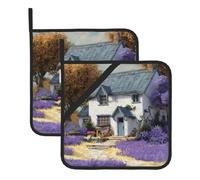 YYHHAOFA Cottage in Lavender Pattern Square pot mat two-piece set, insulated, thickened, waterproof, easy to clean