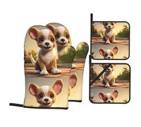 YYHHAOFA Cute Chihuahua Picture Oven Mitts and Pot Holders Sets - Heat-Resistant, Waterproof, and Durable Kitchen Baking Four-Piece Set