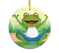 YYHHAOFA Cute Funny Frog Doing Yoga Picture Christmas Ceramic Round Pendant - 2.9in Equipped with a Durable Gold Wire Rope for Easy Hanging on Christmas Trees