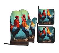 YYHHAOFA Cute Rooster Chickens Pattern Kitchen baking set, oven gloves, thickened and insulated four piece suit