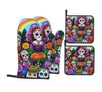 YYHHAOFA Day of The Dead Prints Oven Mitts and Pot Holders Sets for Kitchen Baking - Insulated, Thick, Durable, and Anti-Scalding