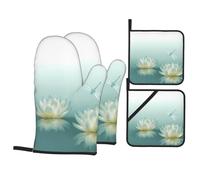 YYHHAOFA Dragonfly with Water Lily Oven Mitts and Pot Holders Set, Waterproof Polyester, Black, 4 Piece