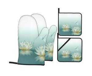 YYHHAOFA Dragonfly with Water Lily Oven Mitts and Pot Holders Set, Waterproof Polyester, Black, 4 Piece