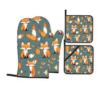 YYHHAOFA Fox Pattern Oven Mitts and Pot Holders Set, Waterproof Polyester, Heat-Resistant, Black, 4 Piece
