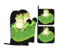 YYHHAOFA Frog Prince on The Lotus Leaf Picture Oven Mitts and Pot Holders Sets - Heat-Resistant, Waterproof, and Durable Kitchen Baking Four-Piece Set