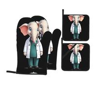 YYHHAOFA Gentle Elephant Doctor Picture Oven Mitts and Pot Holders Sets - Heat-Resistant, Waterproof, and Durable Kitchen Baking Four-Piece Set