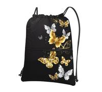 YYHHAOFA Gold White Butterflies Black Prints Drawstring Zipper Backpack - Durable, Lightweight Water-Resistant Gym Bag for Travel, Sports & Everyday Carry