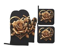 YYHHAOFA Golden Heart Rose Prints Kitchen Covers: Waterproof Oven Layers for Easy Cooking & Cleanup - 4 Piece Heat Shield Set