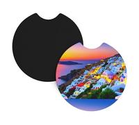 YYHHAOFA Greece Island Sunset Landscape Prints Car Coaster Set of 2 Waterproof, Quick Drying, Odorless for Most Cars, Trucks, SUVs