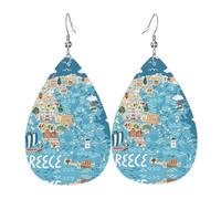 YYHHAOFA Greece Map Prints Teardrop Leather Earrings - Lightweight Dangles with Silver-Plated Hooks, Vivid Color & Rust-Resistant Design for Parties & Gifts